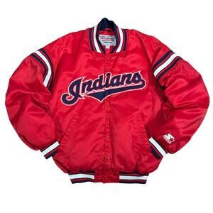 Vintage Starter Cleveland Indians Satin Bomber Jacket Red MLB Size Medium